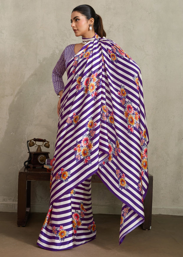Purple Printed Satin Silk Saree