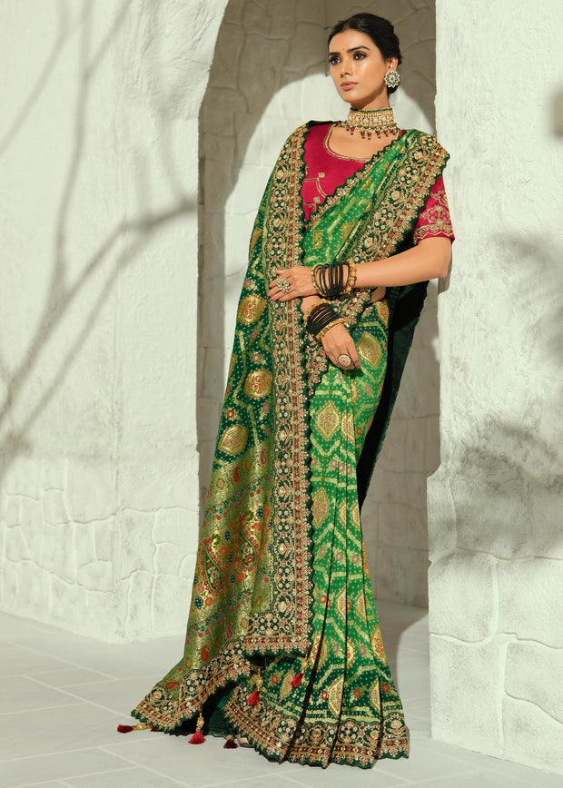 2-Shades Green Embroidered Georgette Bandhej Saree