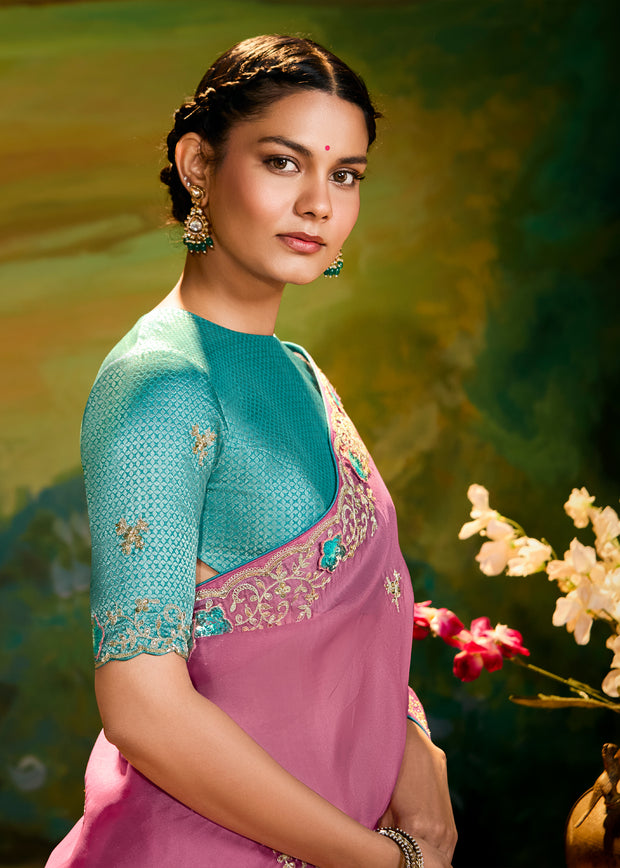 Dusky Pink Heavy Embroidered Designer Silk Saree With contrast Blouse