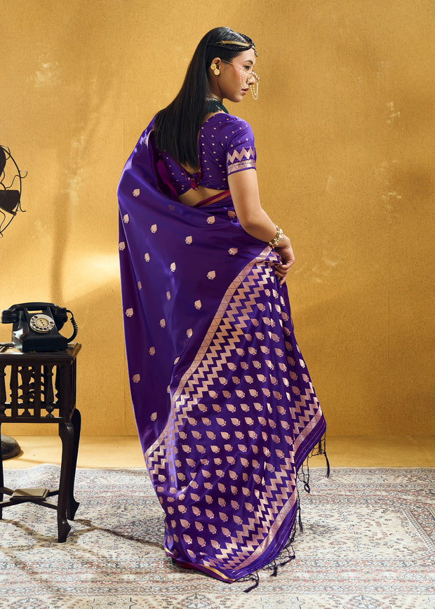 Vibrant Purple Woven Banarasi Satin Silk Saree
