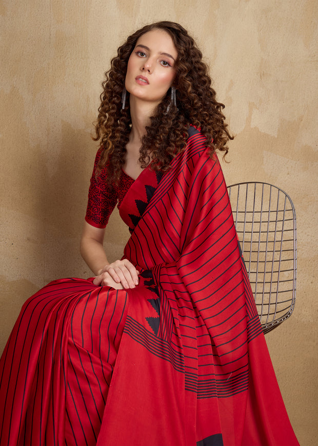 Aurora Red Printed Satin Silk Saree