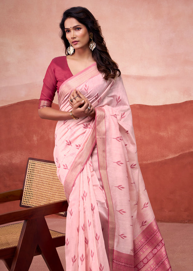 Baby Pink Woven Cotton Silk Saree