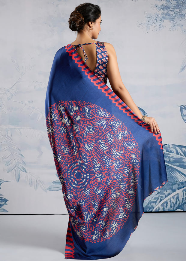 Ultramarin Blue Satin Silk Saree with Ajrakh Printed Pallu and Blouse