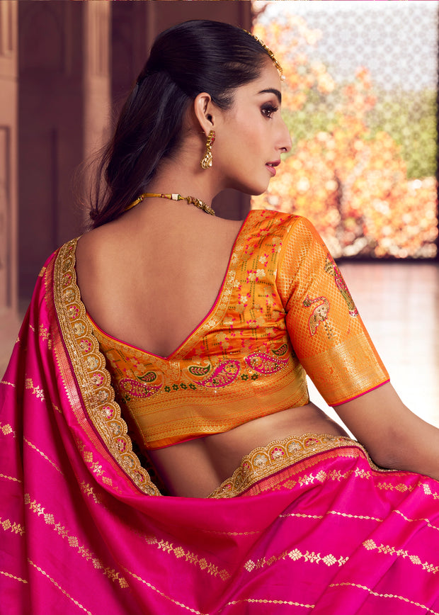 Pink Yellow Banarasi Silk Embroidered Lehenga