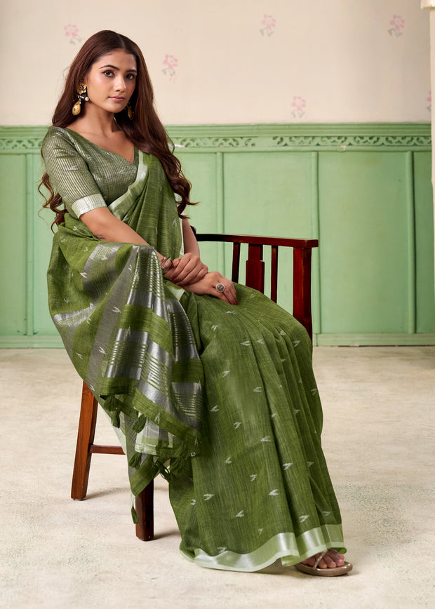 Garden Green Woven Linen Silk Saree