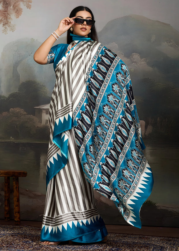 Ocean Blue And White  Printed Satin Silk Saree