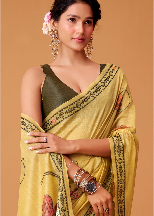 Lemon Yellow Woven Cotton Saree