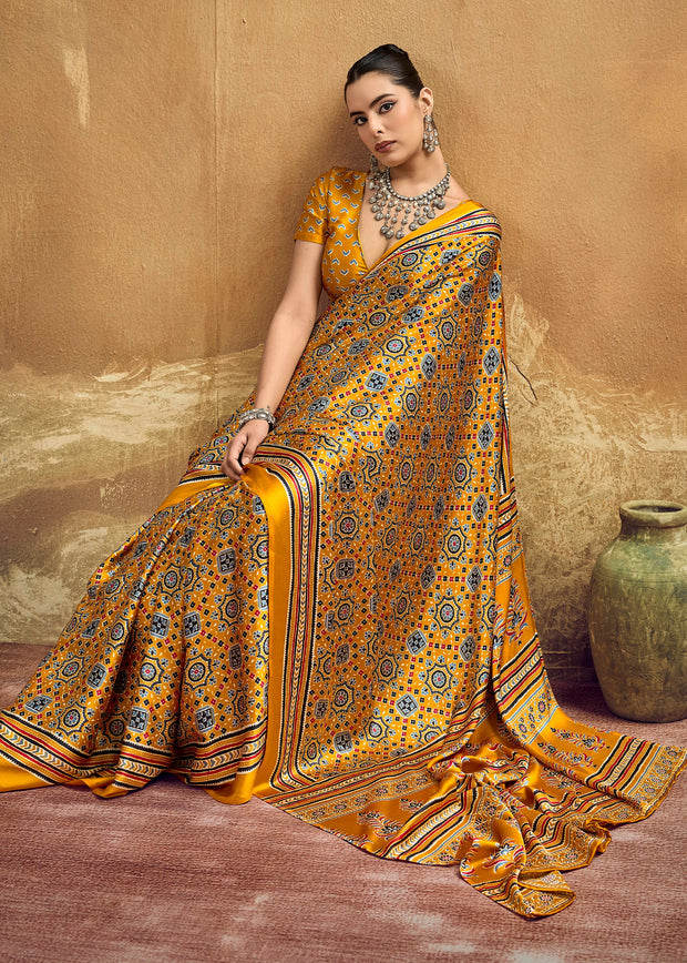 Golden Yellow Printed Satin Silk Saree