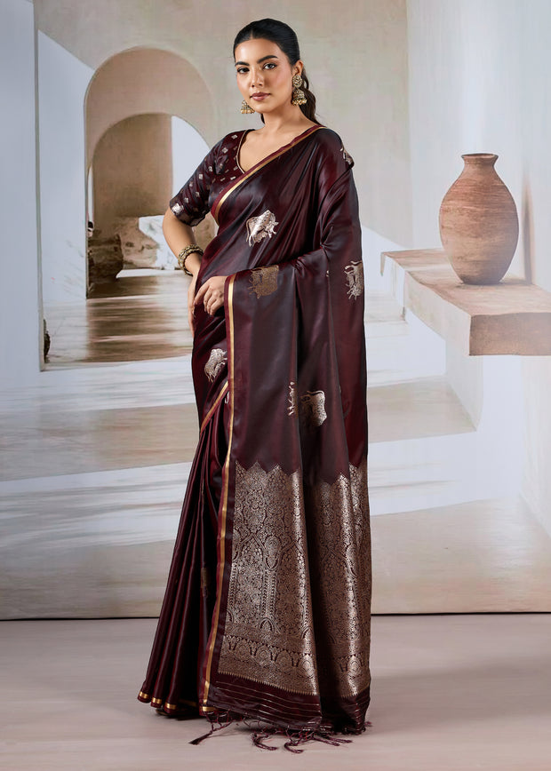 Chocolate Brown Banarasi Satin Silk Saree