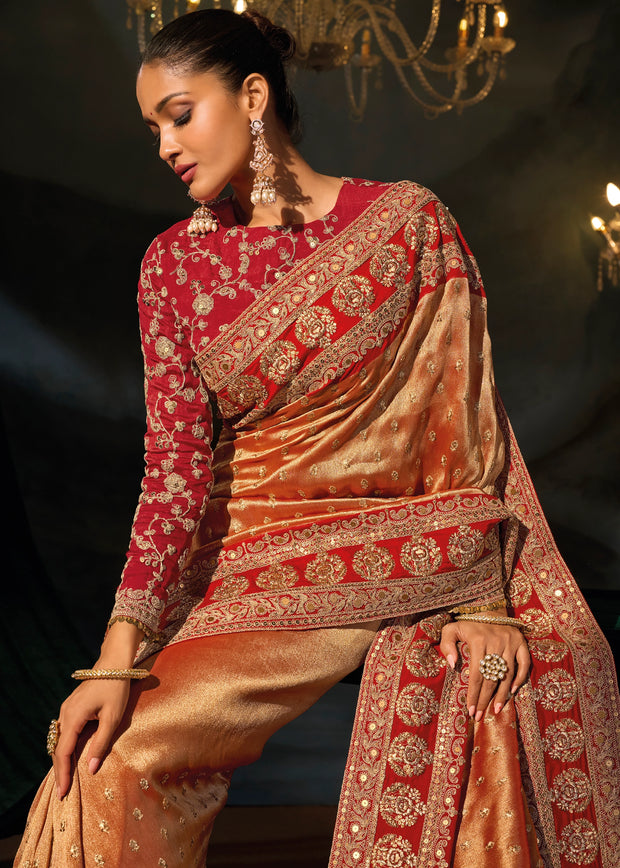 Golden Red Embroidered Silk Saree