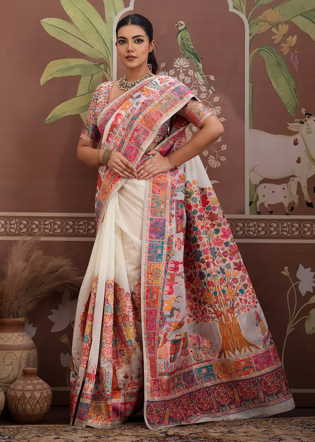 Premium White Woven Cotton Kashmiri Jamewar Saree