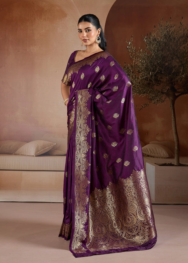 Dark Purple Woven Banarasi Silk Saree