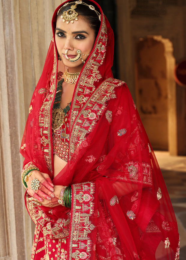 Red Heavy Embroidered Designer Lehenga