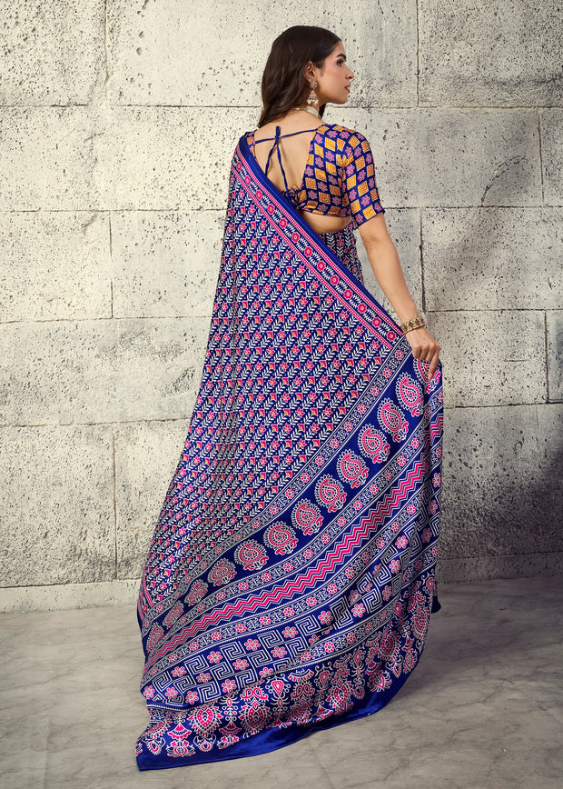 Crystal Blue Printed Satin Silk Saree