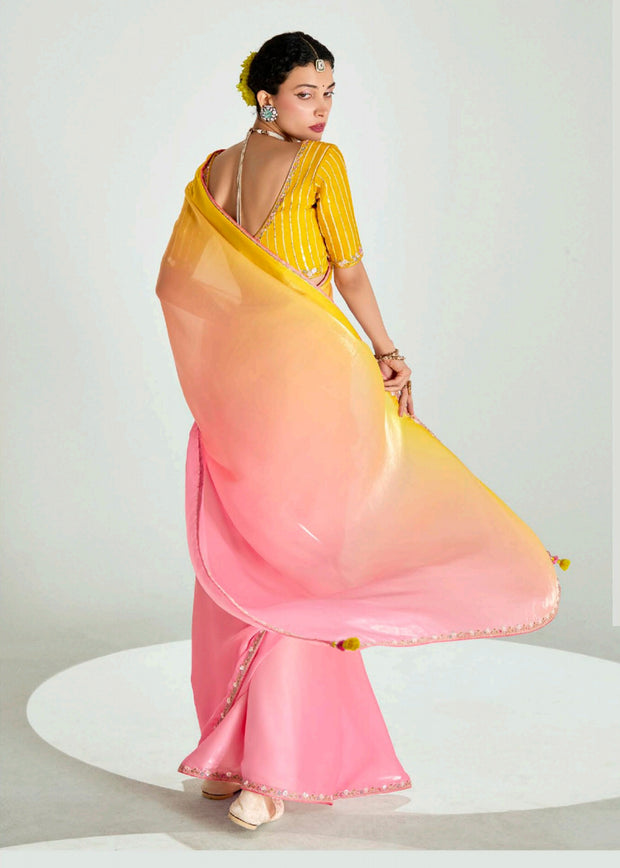 Pink Ombre Designer Tissue Saree With Embroidered Blouse