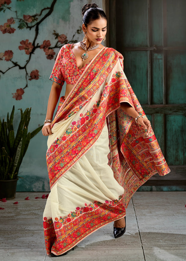 Creamy White Woven Cotton Kashmiri Jamewar Saree