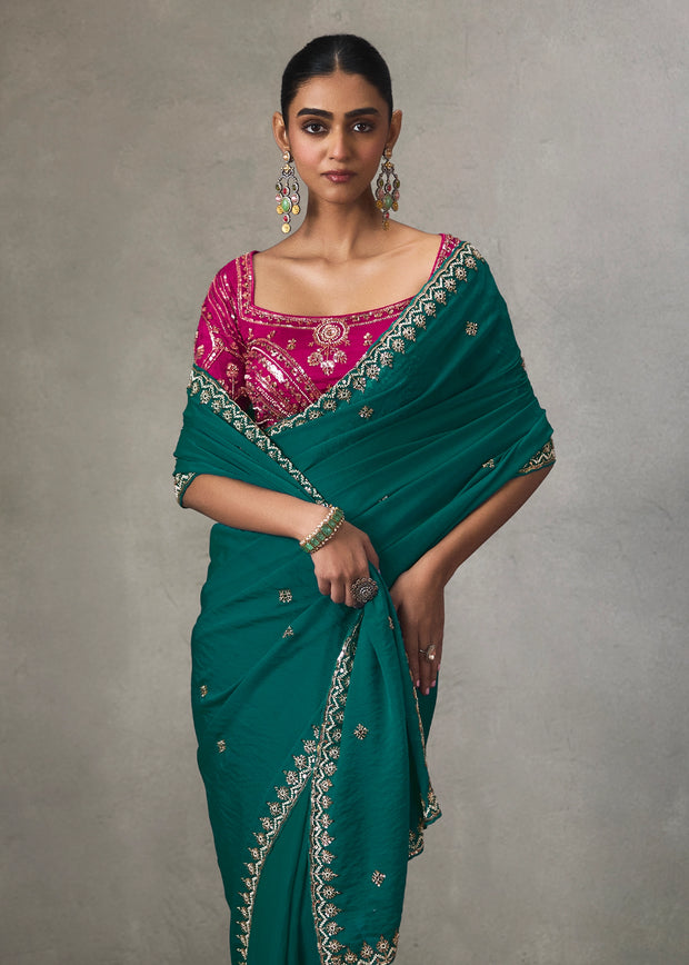 Teal Green Embroidered Silk Saree With Heavy Blouse