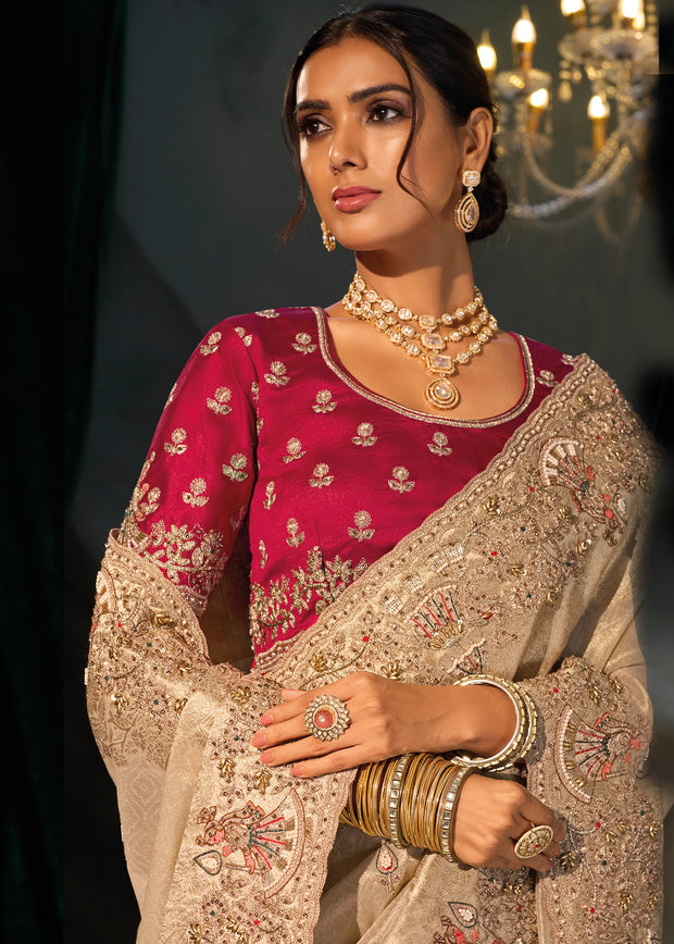 Beige Embroidered Kanjivaram Silk Saree