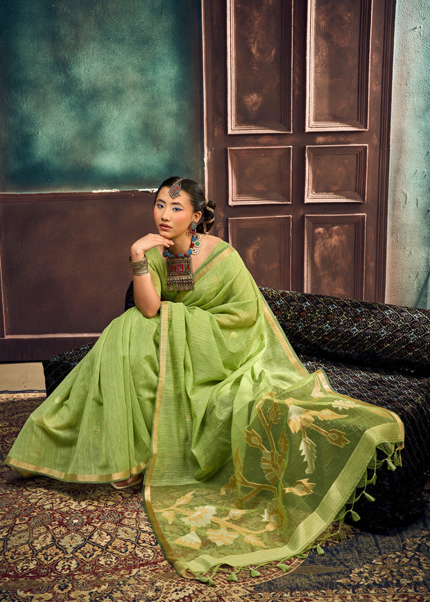 Pistachio Green Woven Cotton Silk Saree