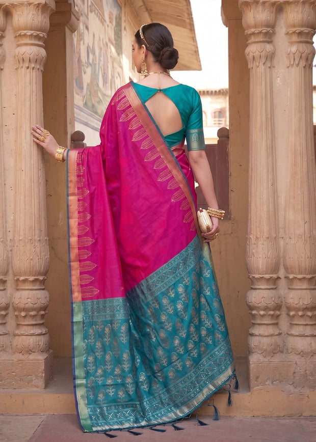 Magenta Pink Woven Banarasi Silk Saree
