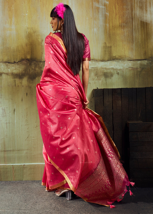 Peach Pink Banarasi Tusser Silk Saree