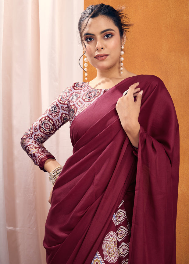 Claret Red Satin Silk Saree with Ajrakh Printed Pallu and Blouse