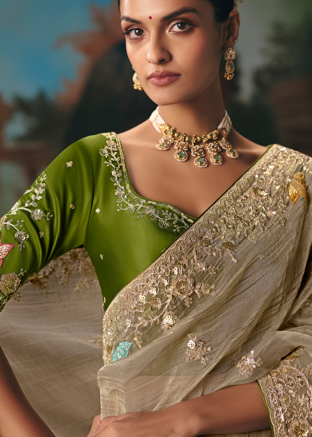 Olive Grey Embroidered Designer Saree