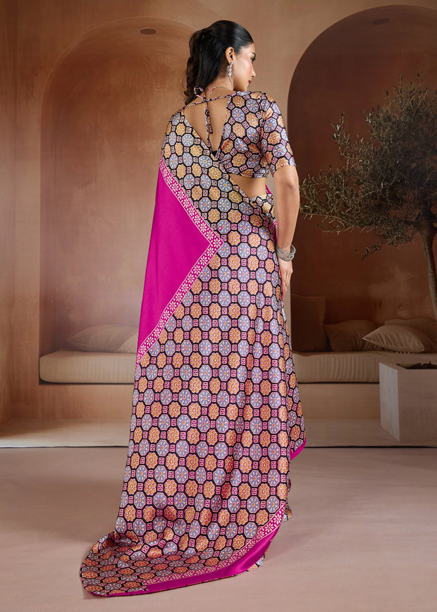 Rani Pink Printed Satin Silk Saree