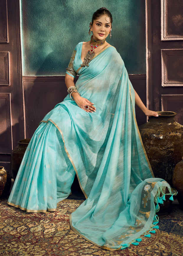 Sky blue Woven Munga Cotton Silk Saree