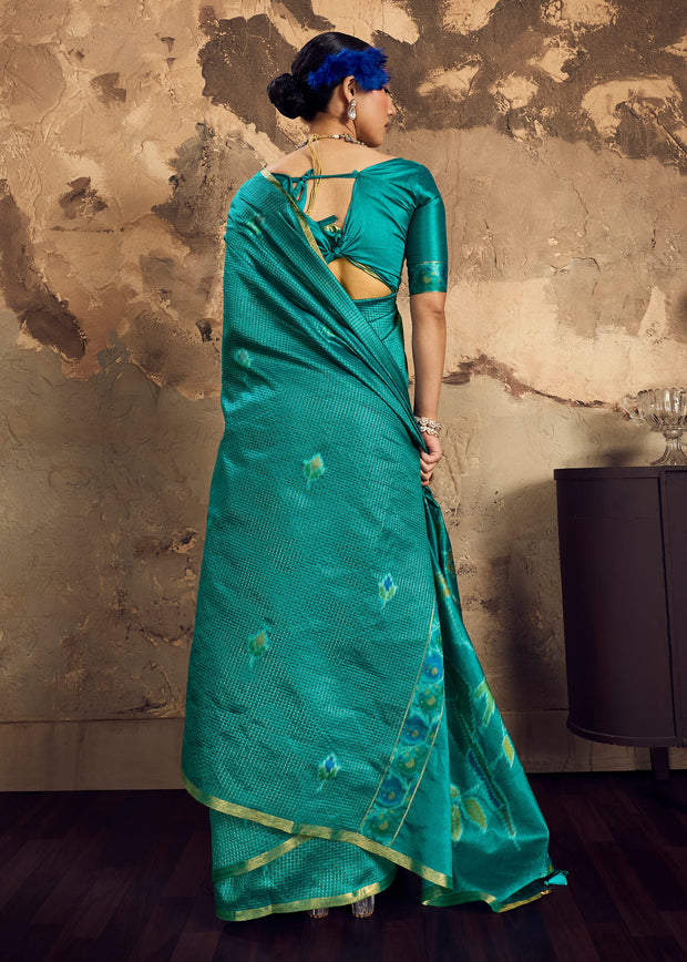 Turquoise Green Woven silk saree