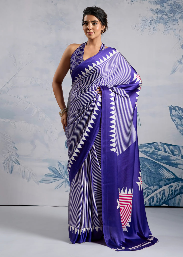 Purple Printed Satin Silk Saree