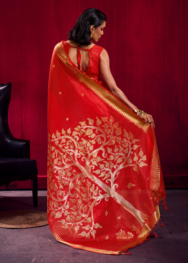 Spanish Red Banarasi Satin Linen Silk Saree