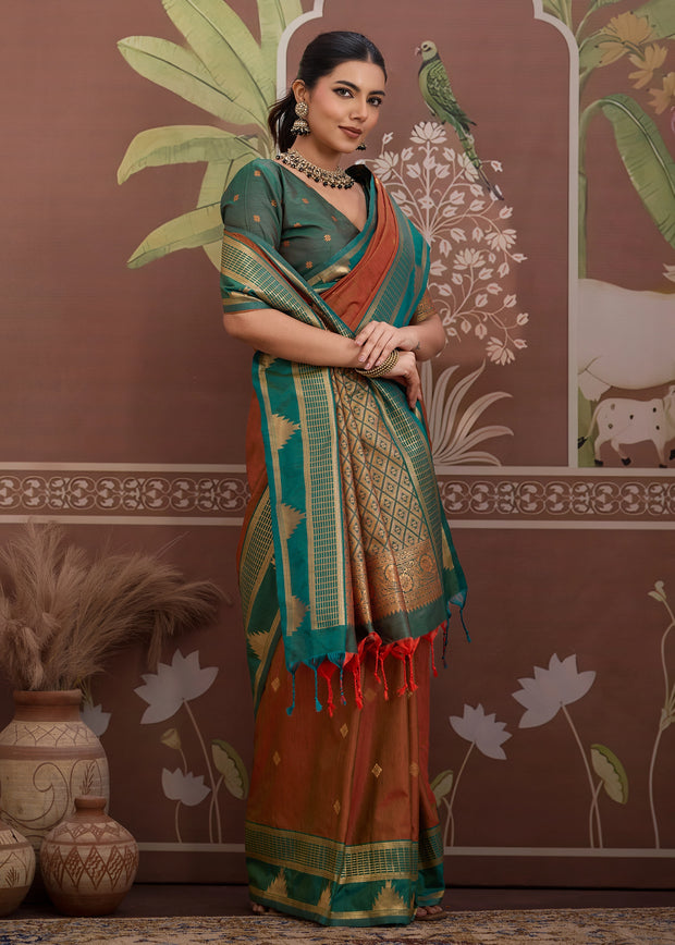 Rust Brown Woven Tussar Silk Saree