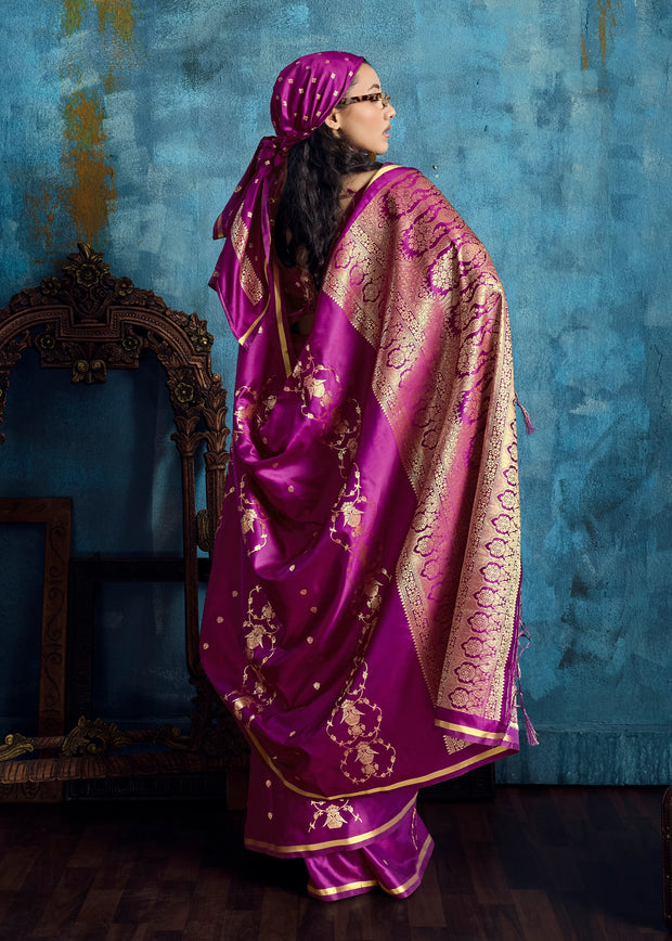 Magenta Purple Woven Banarasi Satin Silk Saree