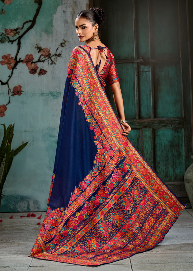 Navy Blue Woven Cotton Kashmiri Jamewar Saree