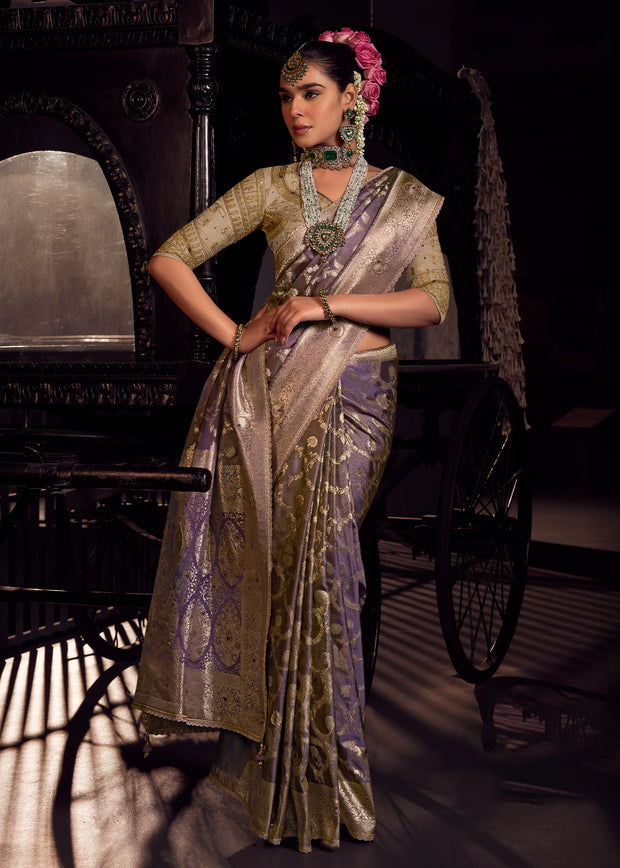 “Exclusive Offer” : Aster Purple Woven Banarasi Satin Silk Saree