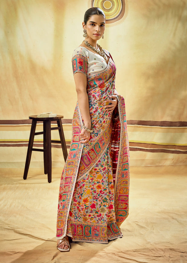 White Woven Cotton Kashmiri Jamewar Saree
