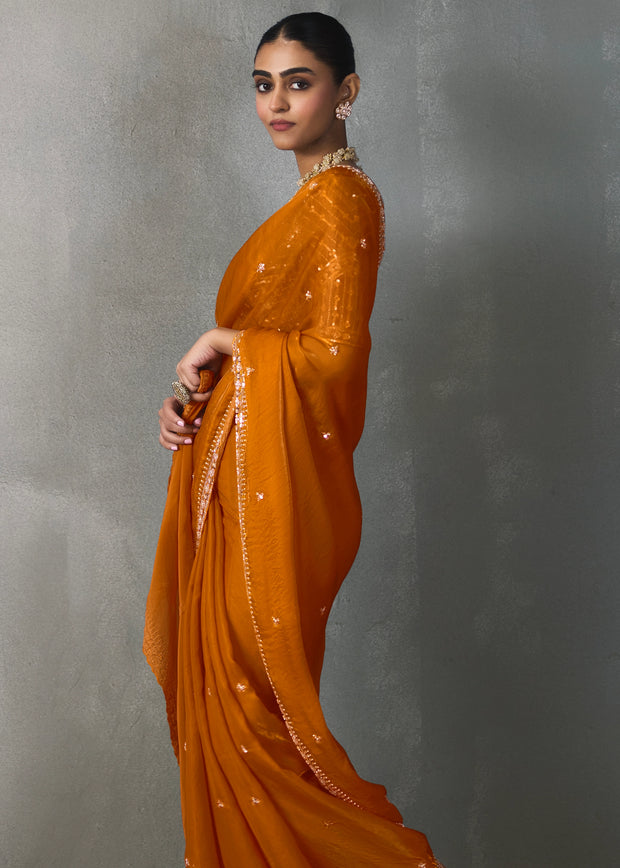 Deep Orange Embroidered Silk Saree With Heavy Blouse