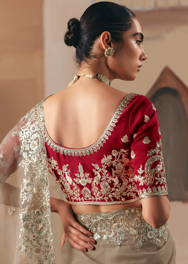 Beige Embroidered Designer Saree