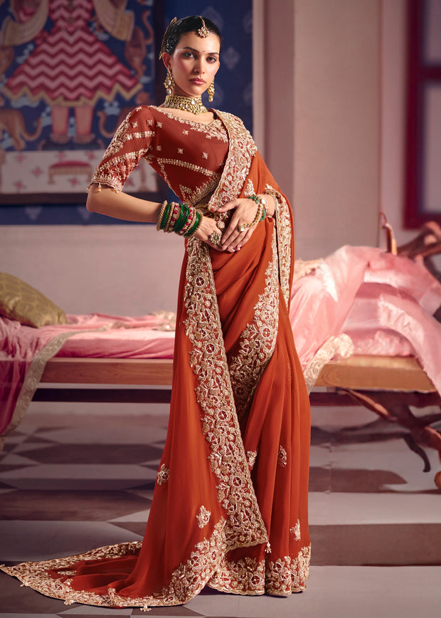 Rust Orange Embroidered Tissue Designer Saree