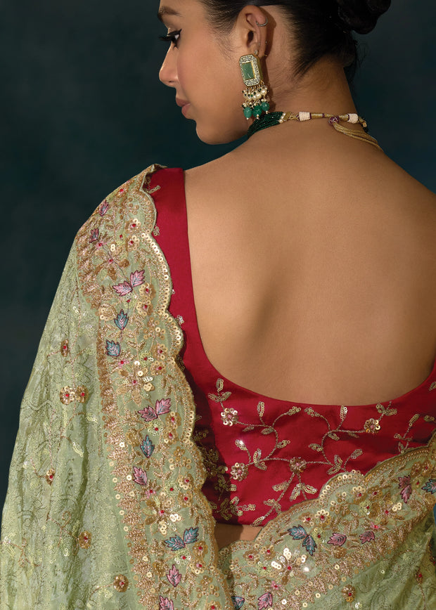 Pista Green Embroidered Designer Tissue Saree