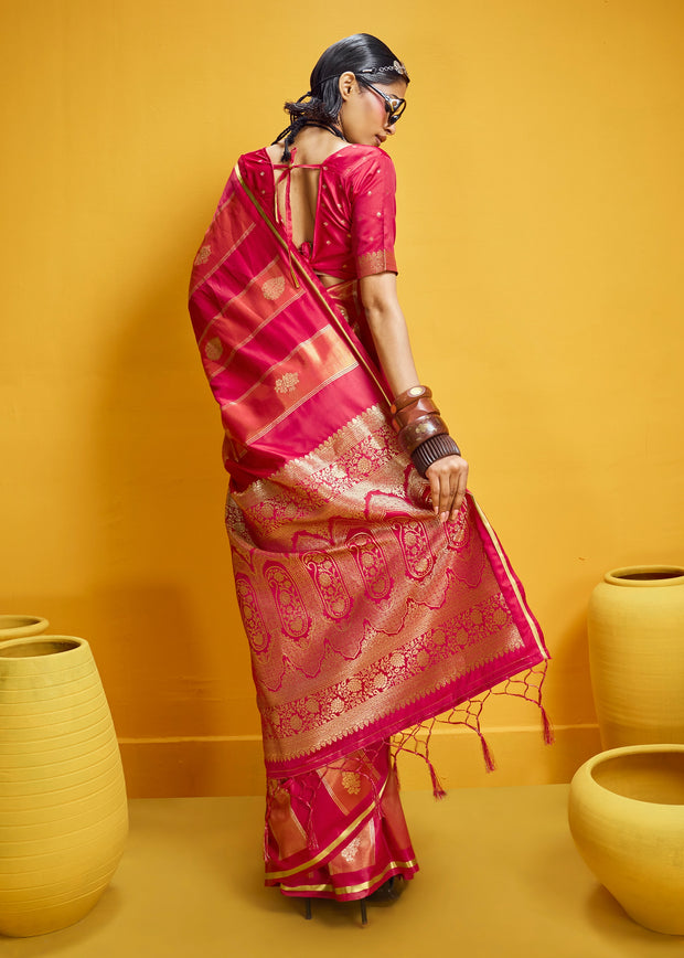 Rose Red Woven Banarasi Satin Silk Saree
