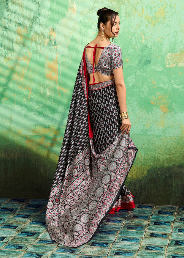 Black Printed Satin Silk Saree