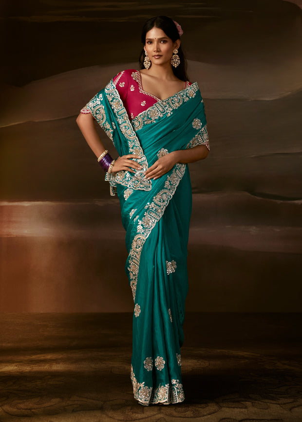 Teal Green Embroidered Designer Organza Saree