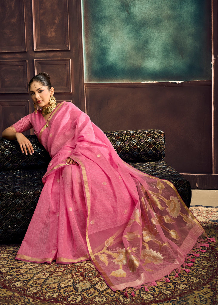 Carnation Pink Woven Cotton Silk Saree