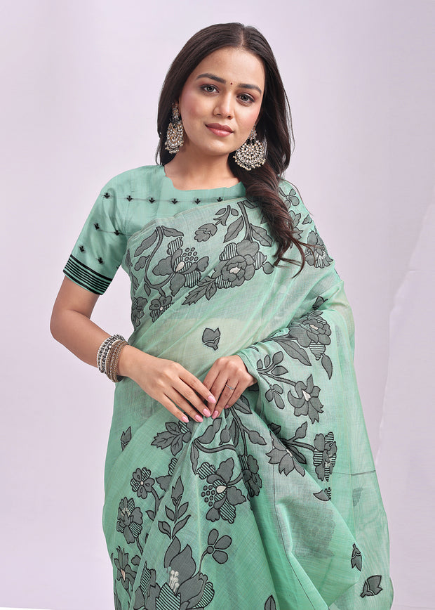 Sea Green Woven Cotton Linen Silk Saree