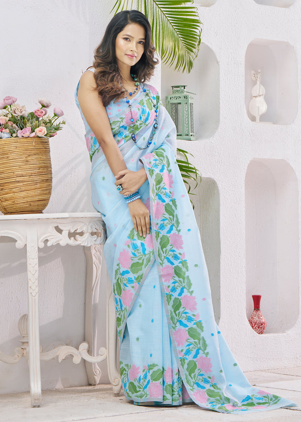 Pastel Blue Woven Linen Silk Saree