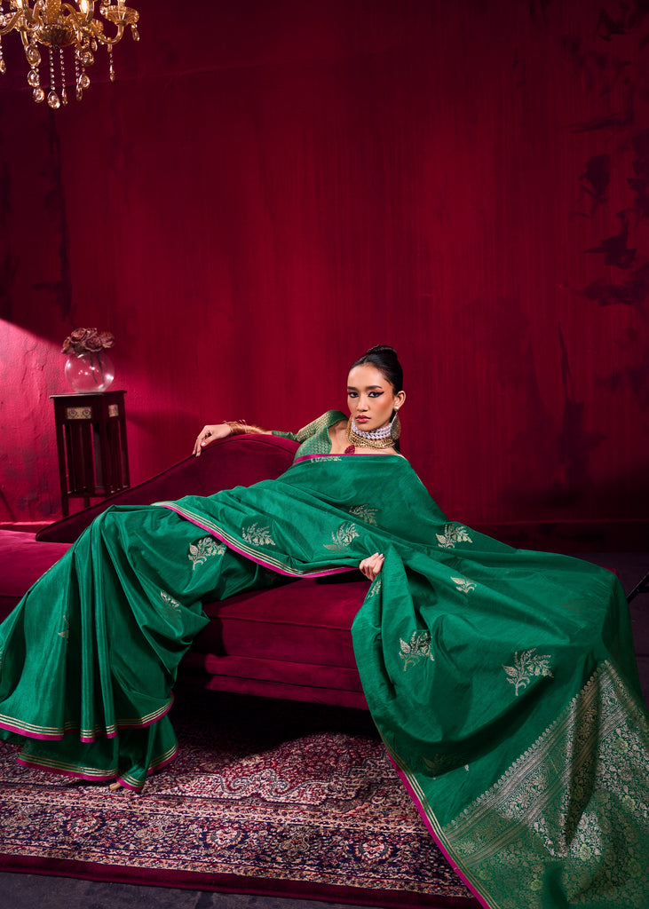 Forast Green Woven Banarasi Satin Linen Silk Saree