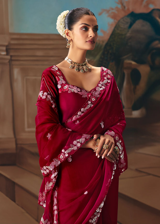 Maroon Embroidered Designer Saree