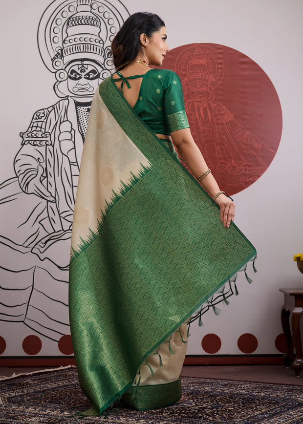 Green Border Ivory Woven Banarasi Silk Saree